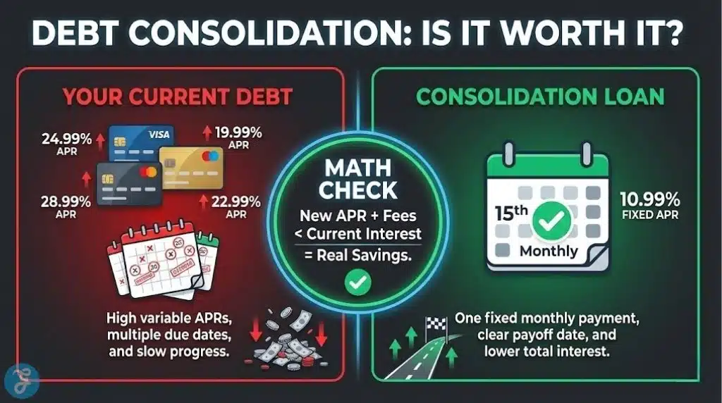 A comparison infographic showing the difference between managing multiple high-interest debts versus a single consolidated personal loan with a fixed rate.