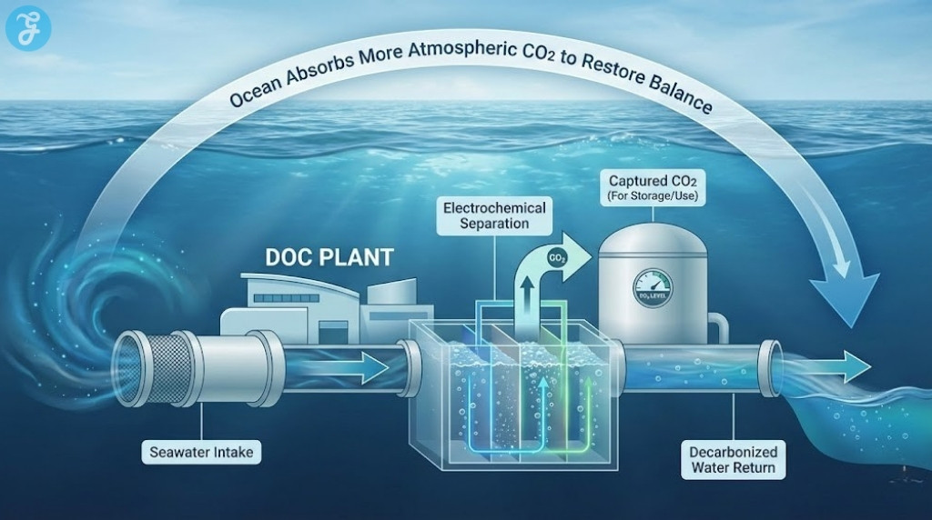 Illustration explaining the process of Direct Ocean Capture technology removing CO2 from seawater