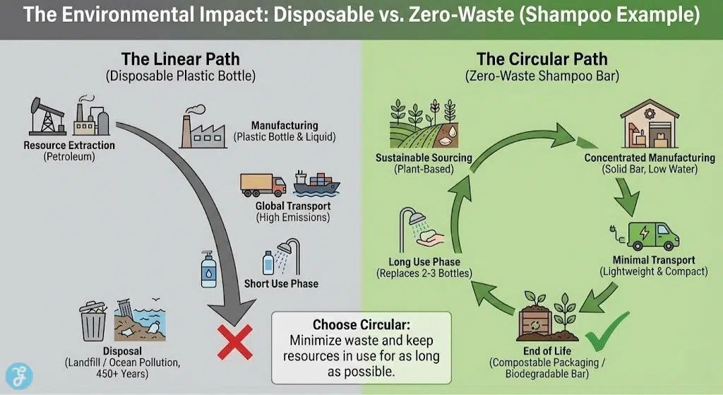 An infographic comparing the linear, wasteful lifecycle of a disposable plastic shampoo bottle with the circular, sustainable lifecycle of a zero-waste shampoo bar, illustrating the environmental benefits of choosing circular products.