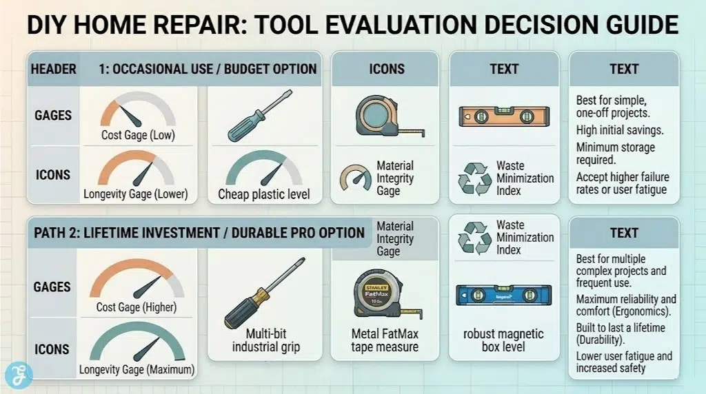 Infographic titled 'DIY HOME REPAIR: TOOL EVALUATION DECISION GUIDE'. Visualizes structured cards with clean icons and textured swatches, completely avoiding futuristic tech or complex lines. Two horizontal paths contrast choosing 'Occasional Use / Budget' (e.g., simple tools, minimum storage, high user fatigue) vs. 'Lifetime Investment / Durable Pro' (e.g., Klein multi-bit, Estwing hammer, Stanley tape measure, maximum reliability and comfort), using gauges for Cost, Longevity, and Waste Minimization. Lower callout mentions 'BATCH 27 BEST COMPONENTS'.