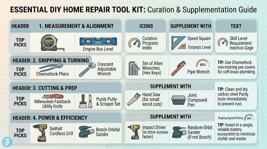 Infographic structured as a clean, structured table titled 'ESSENTIAL DIY HOME REPAIR TOOL KIT: Curation & Supplementation Guide' with soft rounded edges. Completely grounded, avoiding futuristic tech or complex lines. Four functional buckets (Measurement, Gripping, Cutting/Prep, Power/Efficiency) visualize how to curate the 13 Top Picks (Icons: DeWalt Drill, Klein screwdriver, Channellock, Stanley Tape, Estwing Hammer, Bosch Sander, purdy knives) and supplement them with complementary, non-repetitive items (Icons: Speed Square, Allen Wrenches, Hand Saw, Impact Driver). Includes unique gages and pro tips like checking jaws on Channellock non-marring covers or checking battery ecosystem. Lower callout mentions 'BATCH 27 BEST COMPONENTS'. Layout unique and non-repetitive to matrix image_85.png and image_84.png.