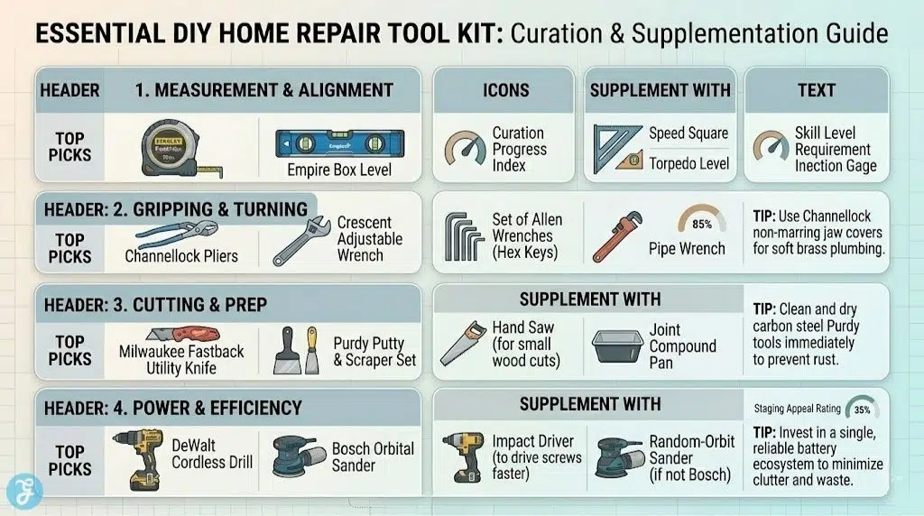 Infographic structured as a clean, structured table titled 'ESSENTIAL DIY HOME REPAIR TOOL KIT: Curation & Supplementation Guide' with soft rounded edges. Completely grounded, avoiding futuristic tech or complex lines. Four functional buckets (Measurement, Gripping, Cutting/Prep, Power/Efficiency) visualize how to curate the 13 Top Picks (Icons: DeWalt Drill, Klein screwdriver, Channellock, Stanley Tape, Estwing Hammer, Bosch Sander, purdy knives) and supplement them with complementary, non-repetitive items (Icons: Speed Square, Allen Wrenches, Hand Saw, Impact Driver). Includes unique gages and pro tips like checking jaws on Channellock non-marring covers or checking battery ecosystem. Lower callout mentions 'BATCH 27 BEST COMPONENTS'. Layout unique and non-repetitive to matrix image_85.png and image_84.png.