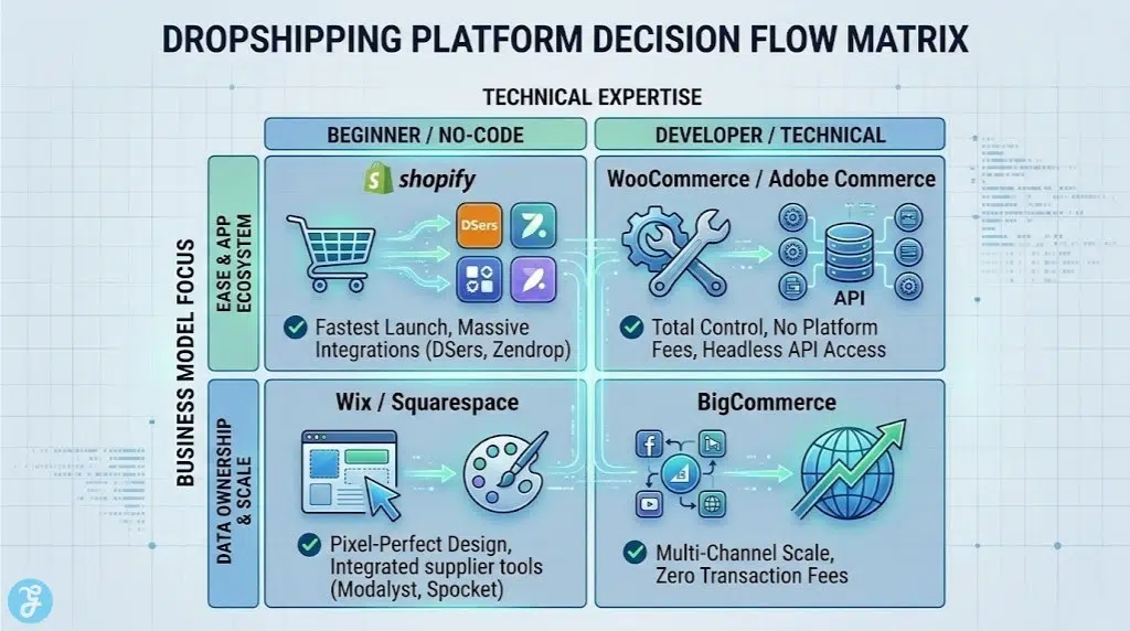 DROPSHIPPING PLATFORM DECISION MATRIX visualizing choices by 'Technical Expertise' (Beginner, Developer) and 'Business Focus' (Ease & Ecosystem, Data Ownership & Scale), recommending Shopify (Beginner/Ease), Wix/Squarespace (Beginner/Data), BigCommerce (Developer/Ease), and WooCommerce/Adobe Commerce (Developer/Data).