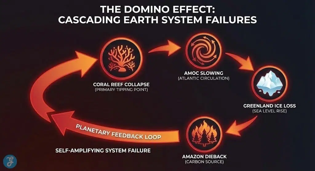 A conceptual infographic titled "The Domino Effect: Cascading Earth System Failures." It shows a circular feedback loop connecting Coral Reef Collapse as the primary tipping point to AMOC Slowing, Greenland Ice Loss, and Amazon Dieback.