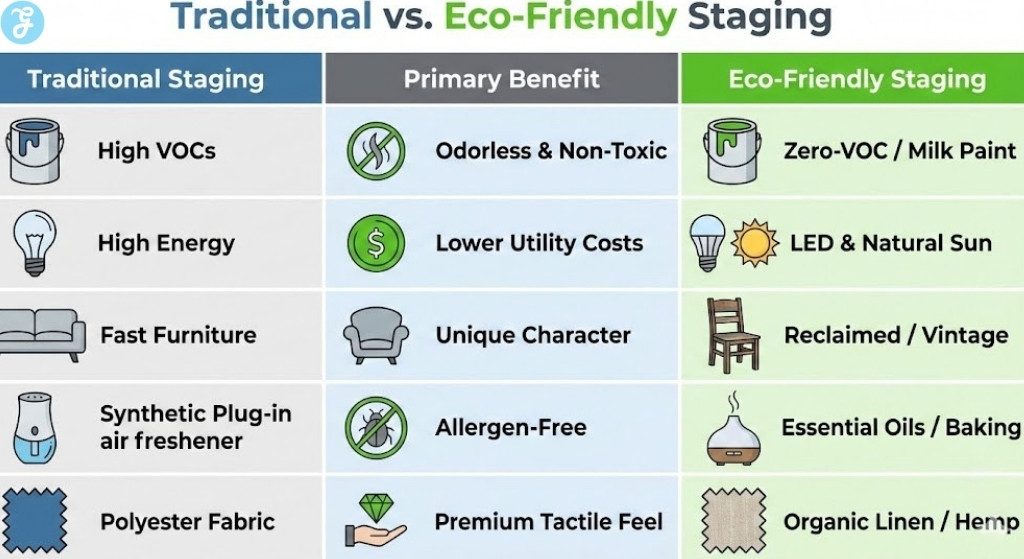 Infographic comparison table showing the differences between traditional and eco-friendly home staging methods across paint, lighting, furniture, fragrance, and textiles.