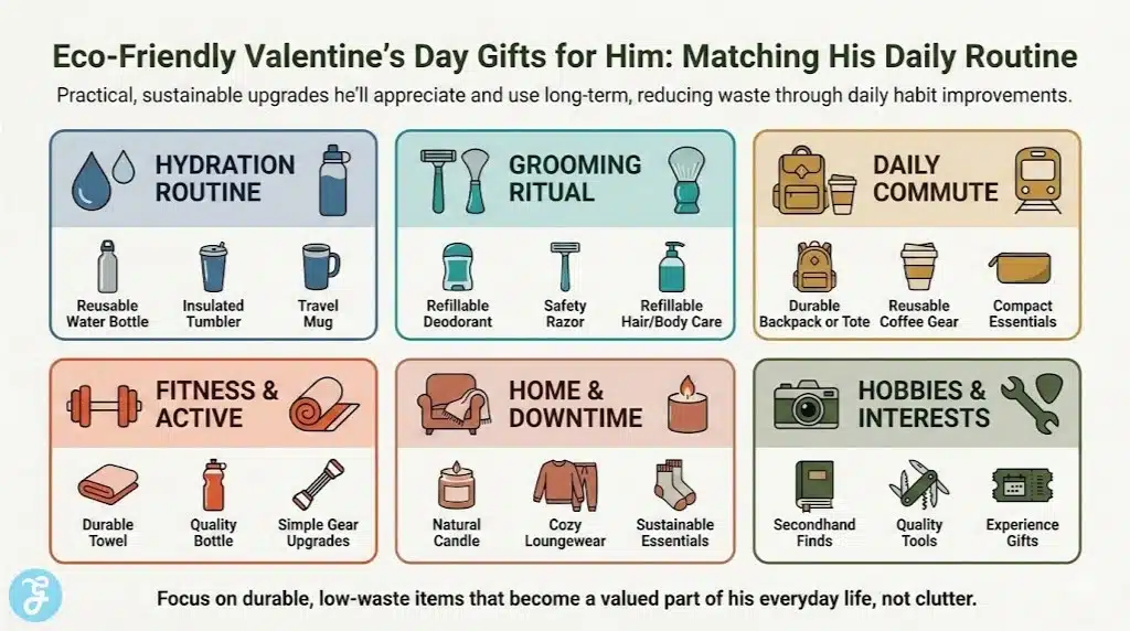 Infographic displaying six eco-friendly Valentine's Day gift categories for men based on daily routines: Hydration, Grooming, Commute, Fitness, Home, and Hobbies. Each section includes icons of practical items like reusable bottles, safety razors, and durable backpacks.