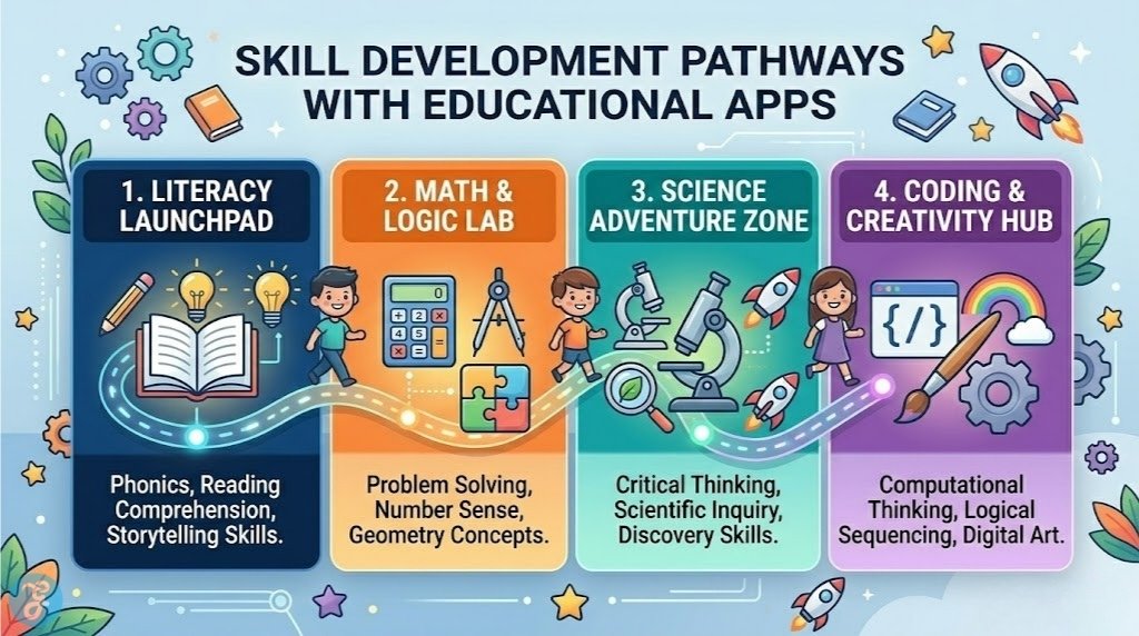 A professional 16:9 landscape infographic showing 'SKILL DEVELOPMENT PATHWAYS WITH EDUCATIONAL APPS' for kids aged 5-10. The modern digital interface displays four distinct learning pathways with colorful icons: 'LITERACY LAUNCHPAD', 'MATH & LOGIC LAB', 'SCIENCE ADVENTURE ZONE', and 'CODING & CREATIVITY HUB', each highlighting key skills developed. Smiling kid avatars move along a winding path.