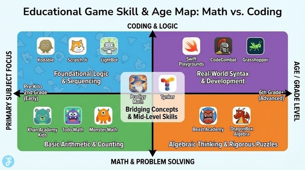 Infographic matrix mapping 15 educational games for kids based on age/grade level (Pre-K to 6th Grade+) and primary subject focus (Math & Problem Solving vs. Coding & Logic), with icons for games like Kodable, Prodigy Math, and Beast Academy.