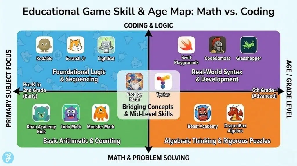 Infographic matrix mapping 15 educational games for kids based on age/grade level (Pre-K to 6th Grade+) and primary subject focus (Math & Problem Solving vs. Coding & Logic), with icons for games like Kodable, Prodigy Math, and Beast Academy.