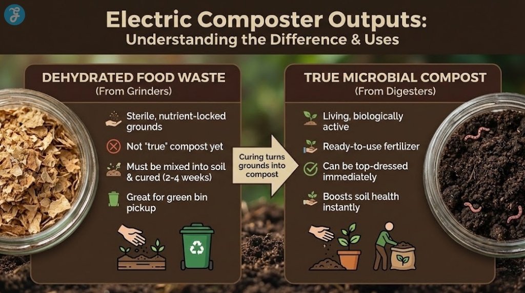 Infographic illustrating the difference between dehydrated food waste from grinders and true microbial compost, with instructions on how to use each for gardening or disposal.
