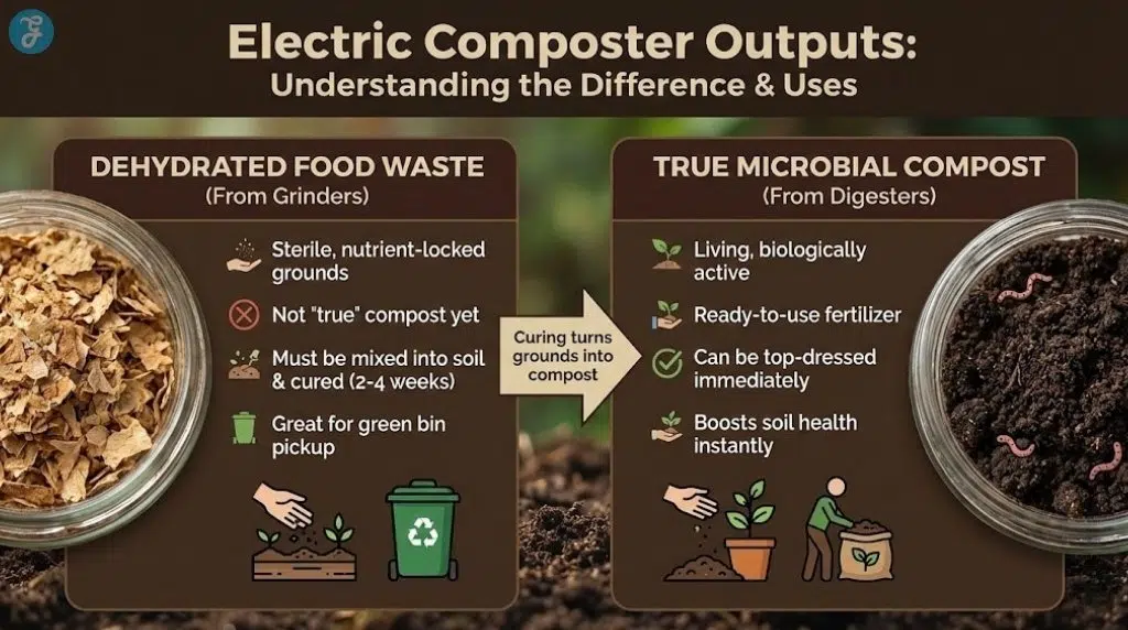 Infographic illustrating the difference between dehydrated food waste from grinders and true microbial compost, with instructions on how to use each for gardening or disposal.