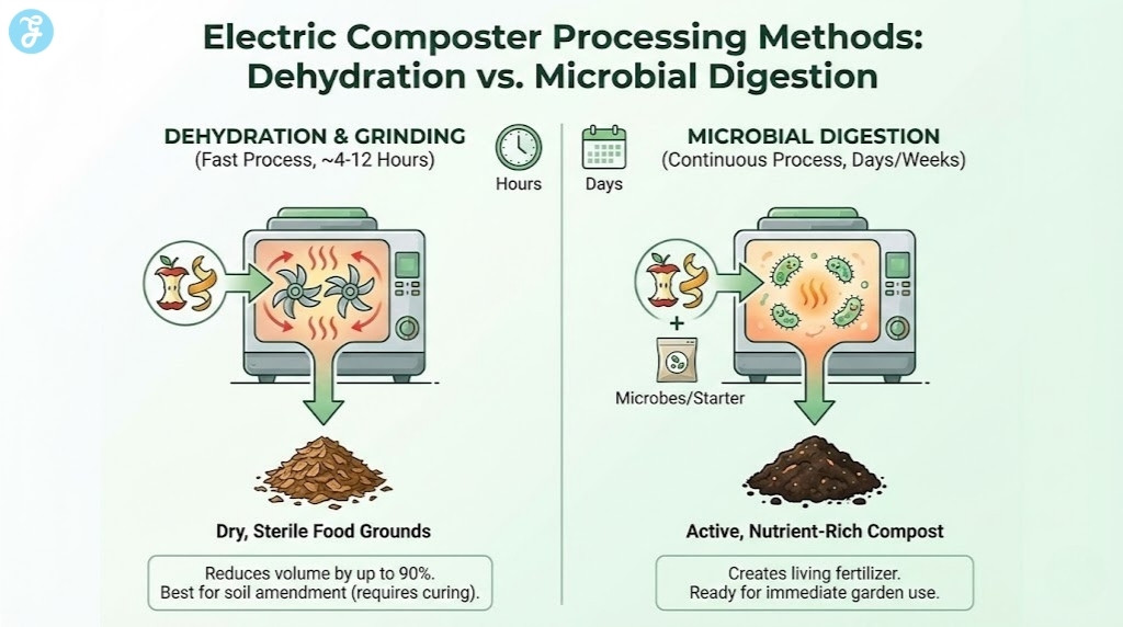 Infographic comparing the dehydration and grinding process (fast, produces dry grounds) versus the microbial digestion process (continuous, produces active compost) in electric kitchen composters.