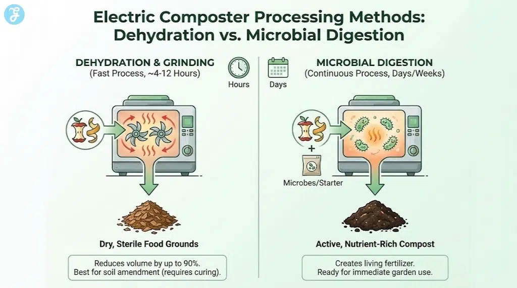 Infographic comparing the dehydration and grinding process (fast, produces dry grounds) versus the microbial digestion process (continuous, produces active compost) in electric kitchen composters.