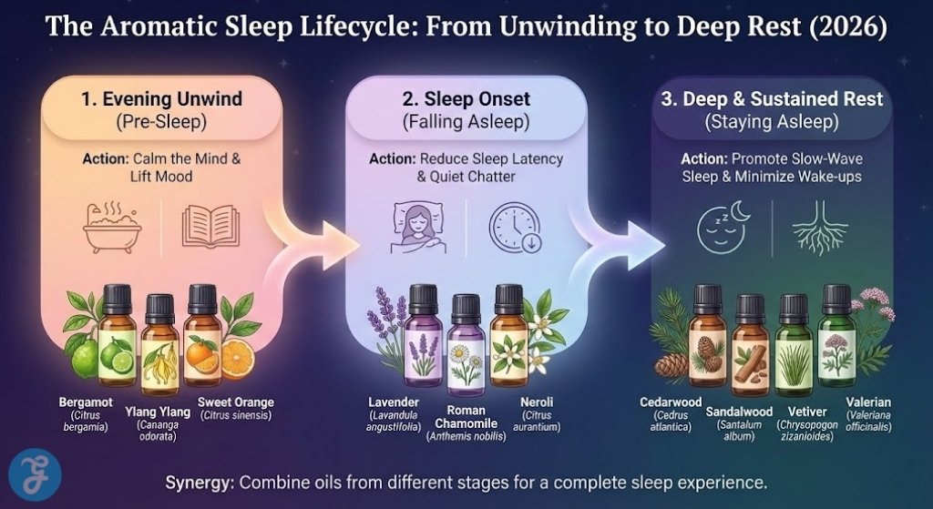 Infographic illustrating the 'Aromatic Sleep Lifecycle', showing essential oils like Bergamot and Sweet Orange for evening unwind, Lavender and Neroli for sleep onset, and Cedarwood and Valerian for deep restorative rest, with corresponding icons and actions for each stage