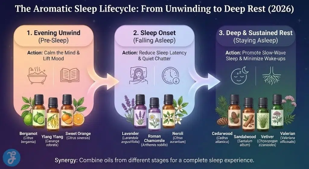 Infographic illustrating the 'Aromatic Sleep Lifecycle', showing essential oils like Bergamot and Sweet Orange for evening unwind, Lavender and Neroli for sleep onset, and Cedarwood and Valerian for deep restorative rest, with corresponding icons and actions for each stage