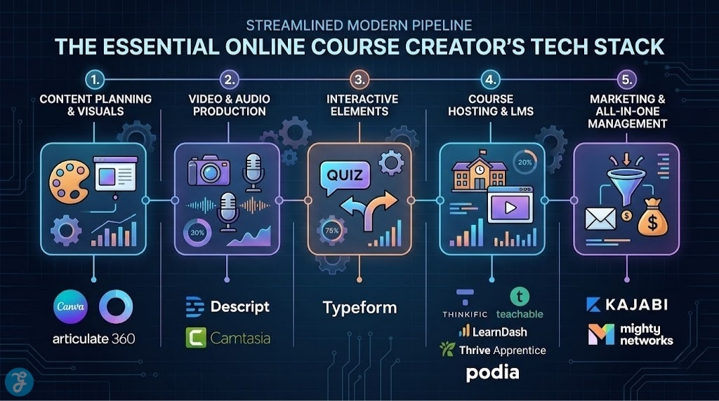 Infographic pipeline titled 'THE ESSENTIAL ONLINE COURSE CREATOR'S TECH STACK' showing functional categories and stylized logos of 12 tools mentioned in the article, moving through Planning/Visuals (Canva, Articulate 360), Production/Editing (Descript, Camtasia), Interactive Elements (Typeform), Course Hosting/LMS (Thinkific, Teachable, LearnDash, Thrive Apprentice, Podia), and Marketing/All-in-One (Kajabi, Mighty Networks).