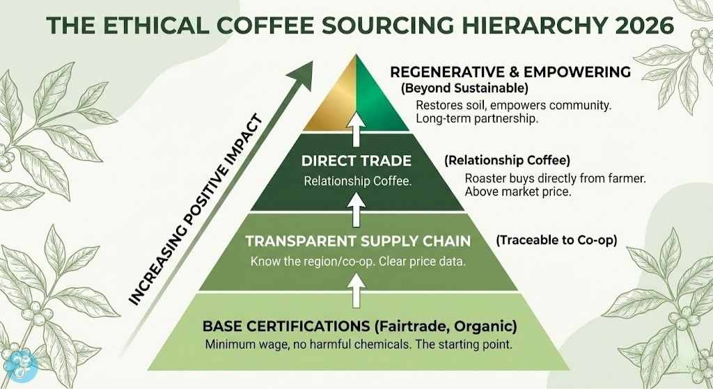 A 16:9 pyramid infographic titled "The Ethical Coffee Sourcing Hierarchy 2026." It shows four tiers of increasing positive impact from bottom to top: "Base Certifications (Fairtrade, Organic)," "Transparent Supply Chain (Traceable to Co-op)," "Direct Trade (Relationship Coffee)," and "Regenerative & Empowering (Beyond Sustainable)."