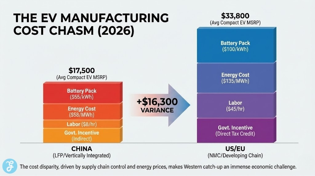Bar chart comparing the 2026 manufacturing costs of a compact EV in China versus the US/EU, highlighting a $16,300 variance driven by lower battery, energy, and labor costs in China.