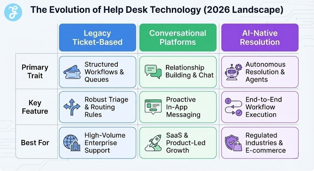 A comparison table titled 'The Evolution of Help Desk Technology (2026 Landscape)', contrasting Legacy Ticket-Based, Conversational Platforms, and AI-Native Resolution help desks by their primary traits, key features, and best use cases.