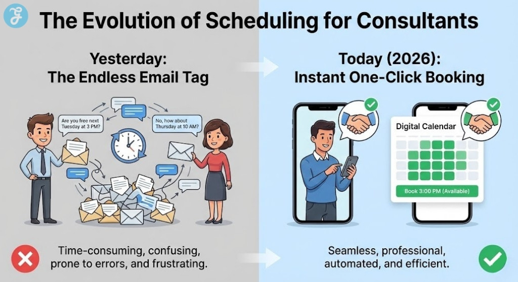 A split-screen infographic comparing "Yesterday: The Endless Email Tag" with a cluttered mess of emails, to "Today (2026): Instant One-Click Booking" with a seamless digital calendar and smartphone interface, highlighting the efficiency of modern scheduling apps.