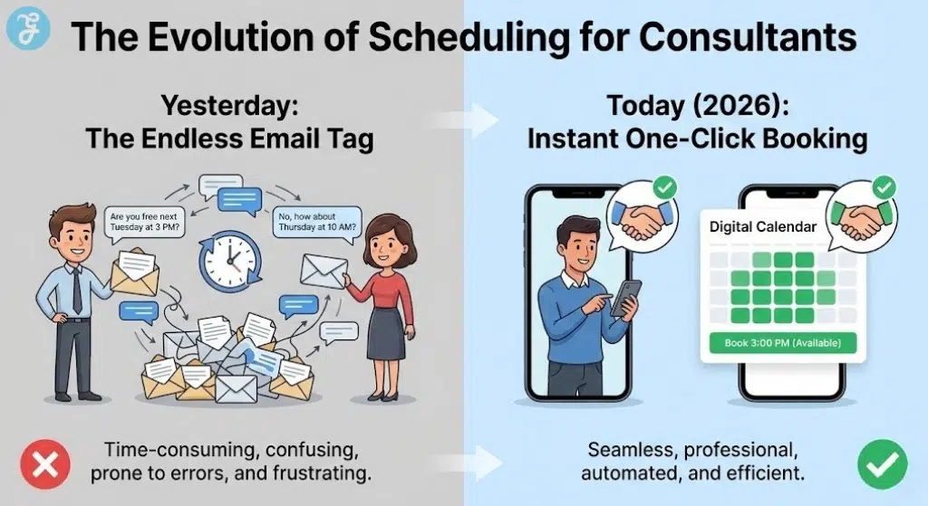 A split-screen infographic comparing "Yesterday: The Endless Email Tag" with a cluttered mess of emails, to "Today (2026): Instant One-Click Booking" with a seamless digital calendar and smartphone interface, highlighting the efficiency of modern scheduling apps.