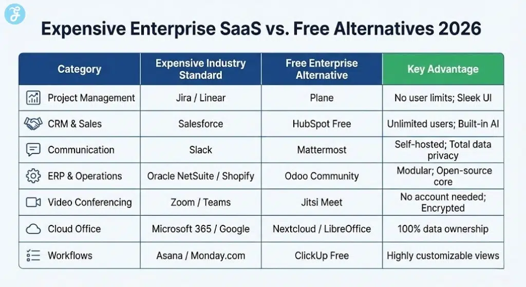 A comparison table showing expensive enterprise SaaS tools like Salesforce and Slack alongside their free alternatives such as HubSpot Free and Mattermost, highlighting key advantages.