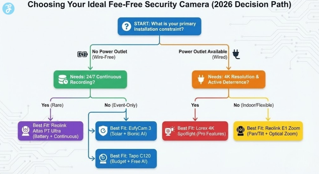 A decision-tree infographic titled 'Choosing Your Ideal Fee-Free Security Camera', guiding users to the best local storage camera recommendation based on power availability (wire-free vs. wired) and specific feature needs like 24/7 recording or 4K resolution.