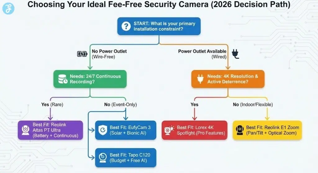A decision-tree infographic titled 'Choosing Your Ideal Fee-Free Security Camera', guiding users to the best local storage camera recommendation based on power availability (wire-free vs. wired) and specific feature needs like 24/7 recording or 4K resolution.