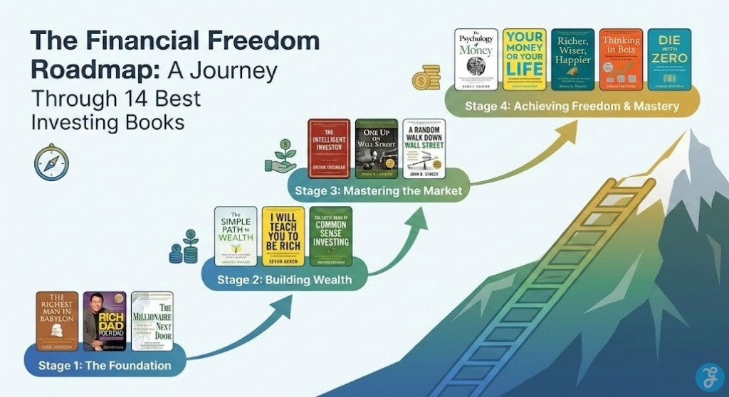 An infographic showing a four-stage roadmap to financial freedom, with book covers from the 14 best investing books placed at each stage, ascending a mountain.