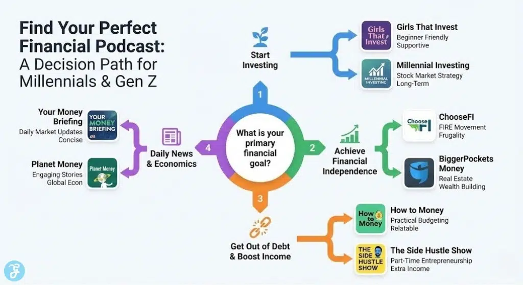 An infographic flowchart guiding Millennials and Gen Z to the best financial podcast based on goals like investing, FIRE, debt reduction, or daily news.