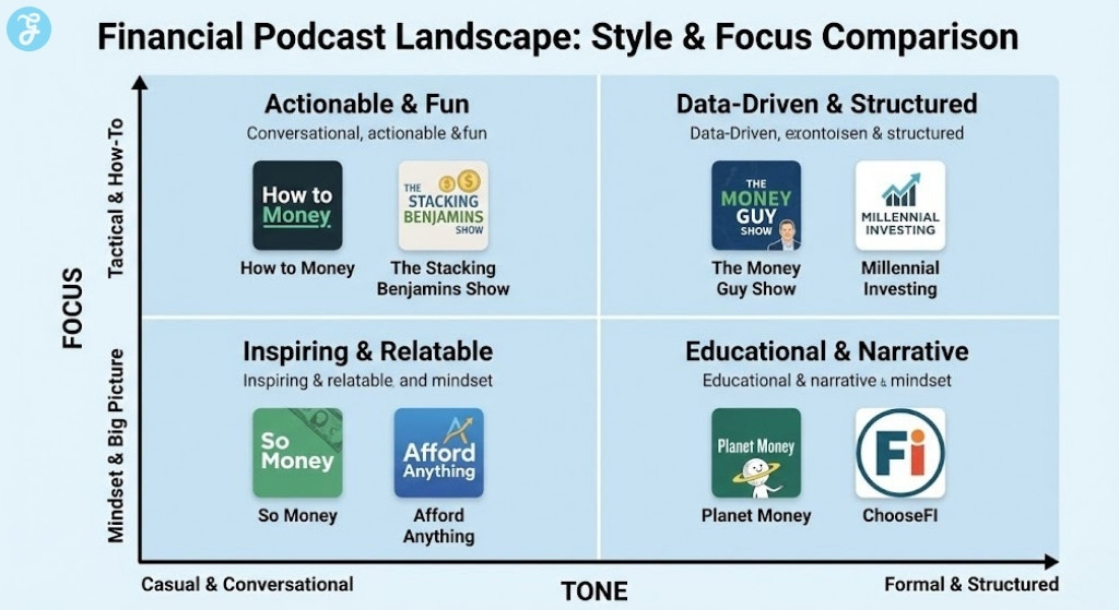 A 2x2 matrix infographic comparing financial podcasts based on their tone (casual vs. formal) and focus (tactical vs. mindset/big picture).