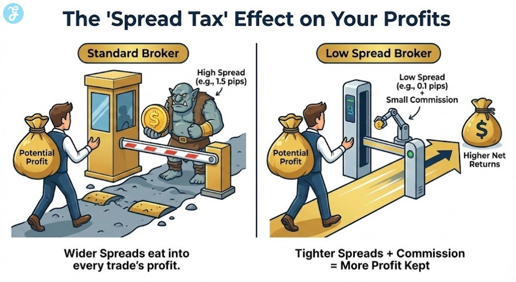 A visual metaphor infographic showing a trader paying a high toll to a troll at a 'Standard Broker' gate versus paying a small, automated fee at a 'Low Spread Broker' gate, illustrating how lower spreads lead to higher net profits.