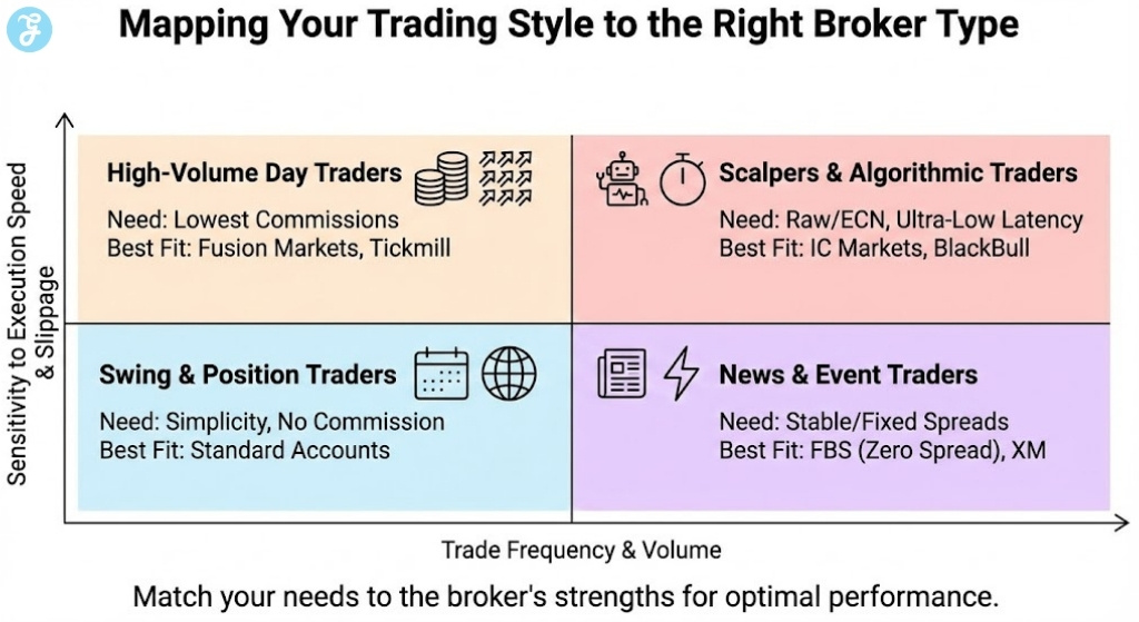 A quadrant chart infographic that maps trading styles like Scalping, Day Trading, and Swing Trading against their sensitivity to execution speed and trade frequency, suggesting the best broker types and examples for each.