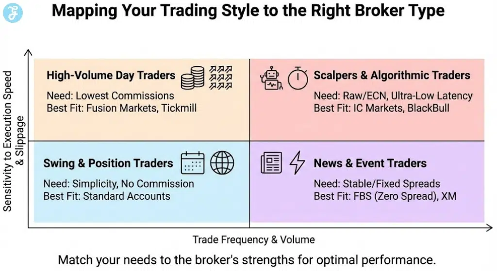 A quadrant chart infographic that maps trading styles like Scalping, Day Trading, and Swing Trading against their sensitivity to execution speed and trade frequency, suggesting the best broker types and examples for each.