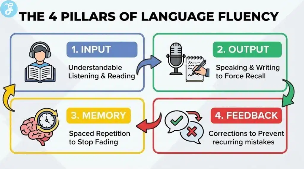 Infographic illustrating the four essential pillars for achieving language fluency: Input (listening and reading), Output (speaking and writing), Memory (spaced repetition), and Feedback (receiving corrections).