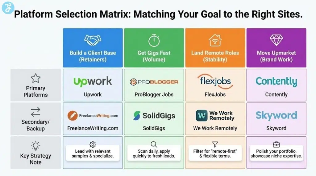 A grid infographic titled "Platform Selection Matrix". Columns represent goals: "Build Client Base" (Upwork), "Get Gigs Fast" (ProBlogger), "Land Remote Roles" (FlexJobs), and "Move Upmarket" (Contently). Rows describe the strategy for each, such as "Lead with samples" or "Polish portfolio".