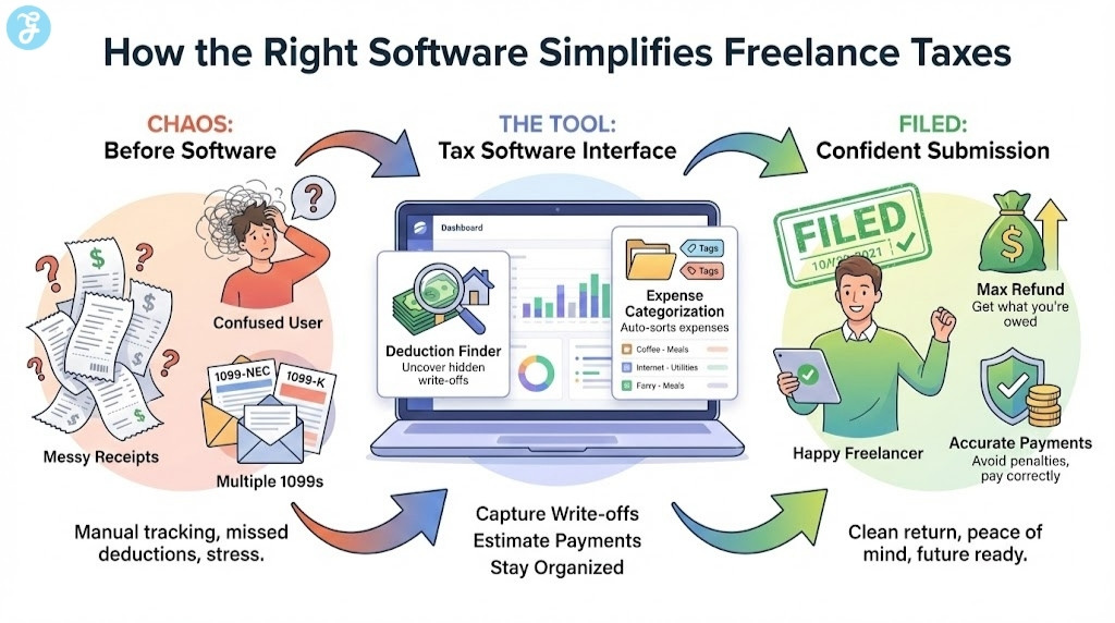 A network diagram titled "The Freelance Writer's Ecosystem". A central hub labeled "Freelance Business" connects to four outer nodes: Gig Platforms (e.g., Upwork) for quick wins, Job Boards (e.g., ProBlogger) for direct roles, Remote Sites (e.g., FlexJobs) for stable contracts, and Portfolio Networks (e.g., Contently) for brand partnerships.
