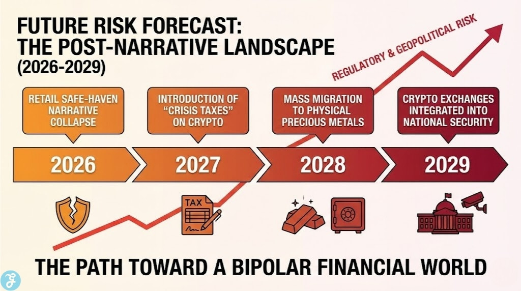 Timeline infographic from 2026 to 2029 showing the future risk forecast for the crypto market, from the narrative collapse to increased regulation and state integration.