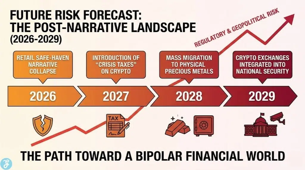 Timeline infographic from 2026 to 2029 showing the future risk forecast for the crypto market, from the narrative collapse to increased regulation and state integration.