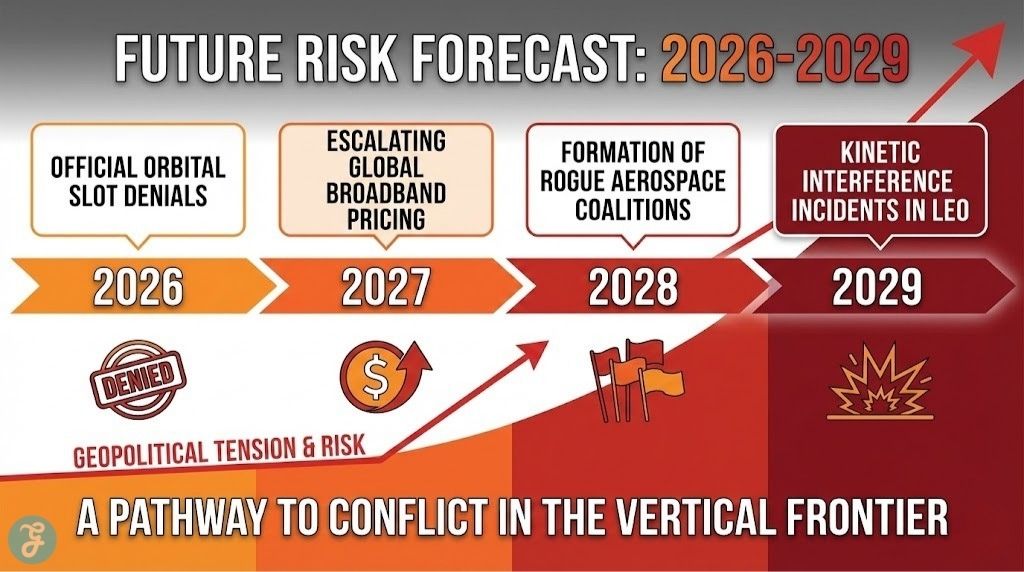 Timeline infographic from 2026 to 2029 showing the future risk forecast of orbital coloniality, from orbital slot denials to kinetic interference and conflict in LEO.