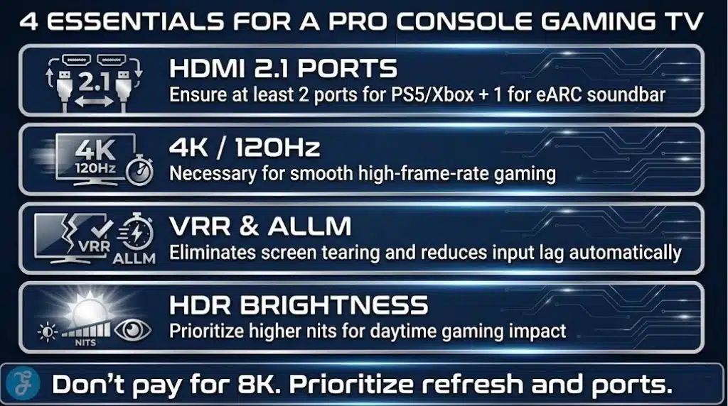 A professional infographic listing the four most important technical features for a console gaming TV: HDMI 2.1, 4K/120Hz, VRR/ALLM, and HDR brightness.