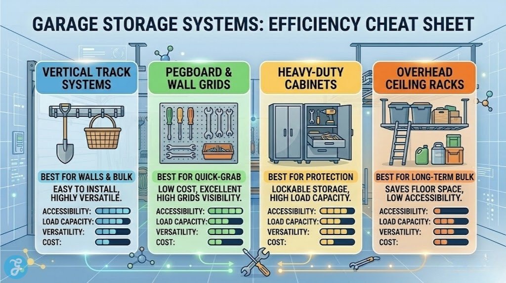 A detailed, professional 16:9 landscape infographic performance matrix and buyer's guide cheat sheet titled 'GARAGE STORAGE SYSTEMS: EFFICIENCY CHEAT SHEET'. Four distinct, color-coded horizontal panels comparison matrix. VERTICAL TRACK SYSTEMS (blue), PEGBOARD & WALL GRIDS (green), HEAVY-DUTY CABINETS (yellow/orange), and OVERHEAD CEILING RACKS (orange), each with bold icons and descriptive text comparison scores for ACCESSIBILITY, LOAD CAPACITY, VERSATILITY, and COST using a visual rating meter. Miniature tools and subtle glowing connecting paths link the panels and meters.