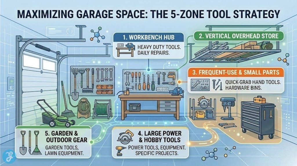 A professional landscape 16:9 infographic showing 'MAXIMIZING GARAGE SPACE: THE 5-ZONE TOOL STRATEGY'. The clean, modern digital blueprint garage layout displays five numbered, color-coded zones: WORKBENCH HUB (blue), VERTICAL OVERHEAD STORE (green), FREQUENT-USE & SMALL PARTS (orange), LARGE POWER & HOBBY TOOLS (yellow), and GARDEN & OUTDOOR GEAR (green), each with relevant icons and short, bold headers. Miniature tools and subtle glowing connecting paths link the zones.
