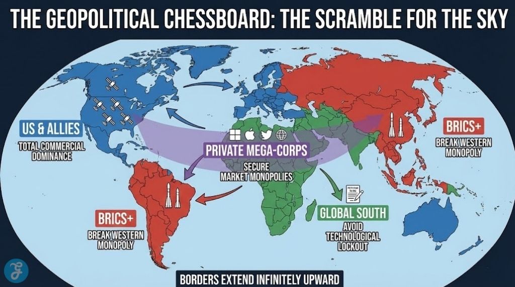 World map infographic showing the geopolitical chessboard of orbital coloniality, with US & Allies, BRICS+, Global South, and Private Mega-Corps competing for orbital dominance.