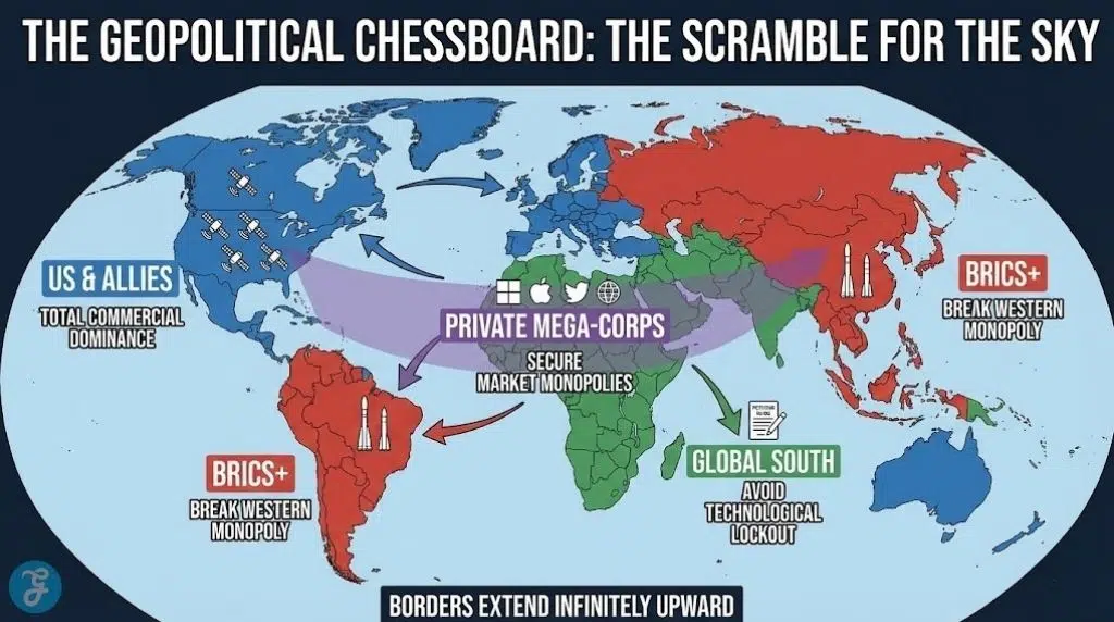 World map infographic showing the geopolitical chessboard of orbital coloniality, with US & Allies, BRICS+, Global South, and Private Mega-Corps competing for orbital dominance.