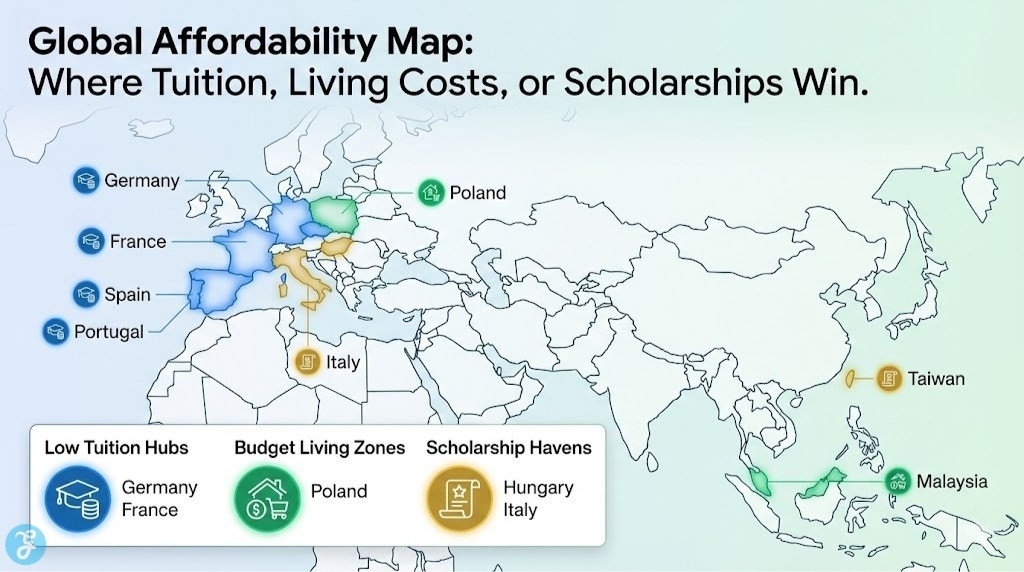 A world map titled "Global Affordability Map". It uses color-coded icons to highlight destinations: Blue for Low Tuition Hubs (Germany, France, Spain), Green for Budget Living Zones (Poland, Malaysia), and Gold for Scholarship Havens (Hungary, Italy, Taiwan).