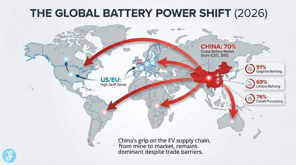World map infographic illustrating China's 70% market share in the 2026 EV battery industry and its dominance in critical mineral refining, contrasting with high-tariff zones in the US and EU.