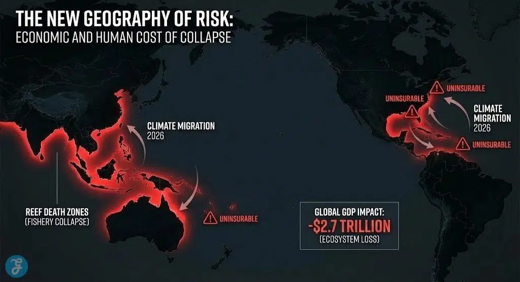 A world map infographic titled "The New Geography of Risk: Economic and Human Cost of Collapse." It highlights coastal reef death zones in red, marking regions of fishery collapse, uninsurable zones, and climate migration routes for 2026, with a global GDP impact callout of -$2.7 Trillion.