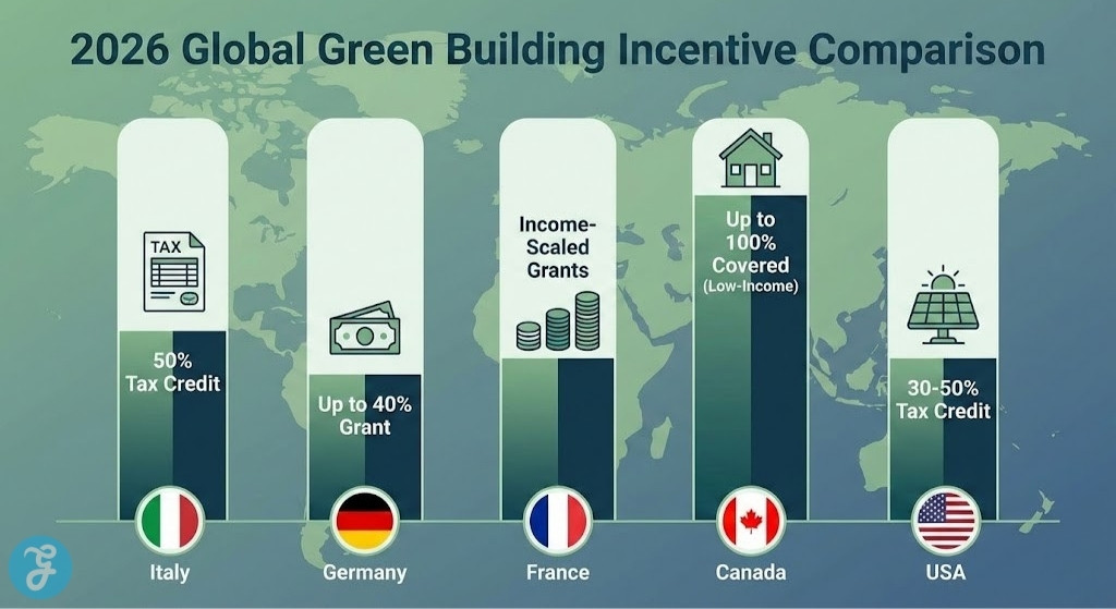 A 16:9 infographic comparing 2026 green building incentives. It shows Italy with a 50% Tax Credit, Germany with up to a 40% Grant, France with Income-Scaled Grants, Canada with up to 100% coverage for low-income, and the USA with a 30-50% Tax Credit.