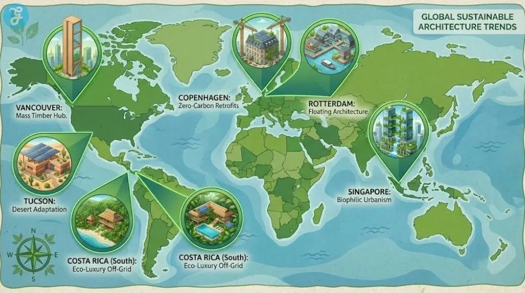 World map infographic highlighting six top green real estate markets for 2026 and their specific sustainable trend
